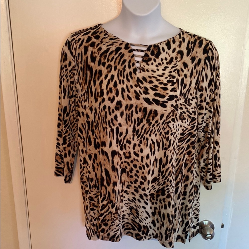 Chico's Brown and Black 3/4 Sleeve Relaxed Blouse size 3